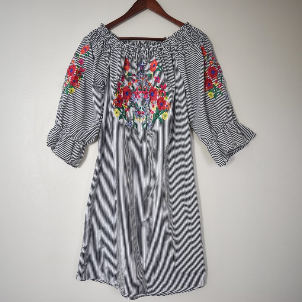 Magic off the shoulder dress with stripes & colorful floral embroidery large